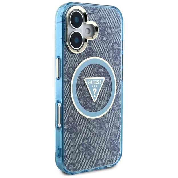 „Guess IML Metal Glitter 4G Circle Triangle MagSafe“ dėklas, skirtas „iPhone 16“ (mėlynas) 4