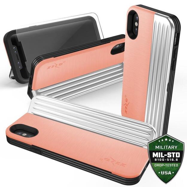 „Zizo Retro“ serija – piniginės atlošas su magnetiniu užsegimu ir įmontuotu stovu, skirtu „iPhone Xs / X“ (persiko / sidabro)