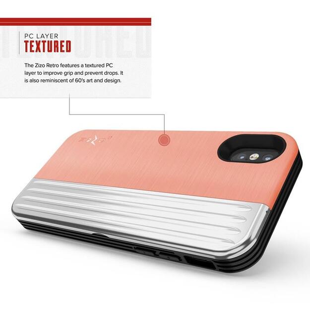 „Zizo Retro“ serija – piniginės atlošas su magnetiniu užsegimu ir įmontuotu stovu, skirtu „iPhone Xs / X“ (persiko / sidabro)