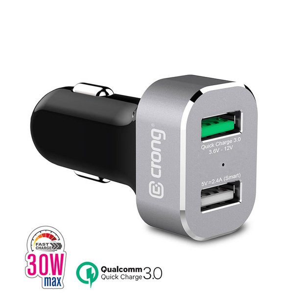 „Crong Power“ automobilinis įkroviklis 30 W 2 prievadų USB su QC 3.0 (aliuminis)