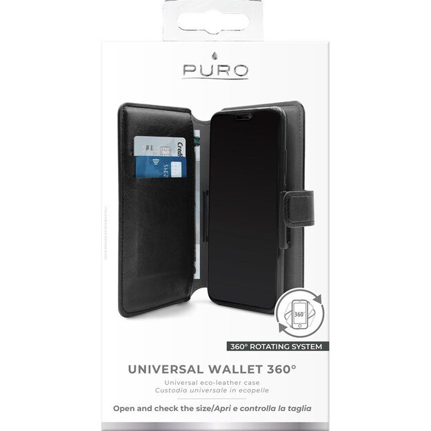 PURO Universal Wallet 360° - Universalus pasukamas maišelis su kortelių angomis, XL dydis (juodas)