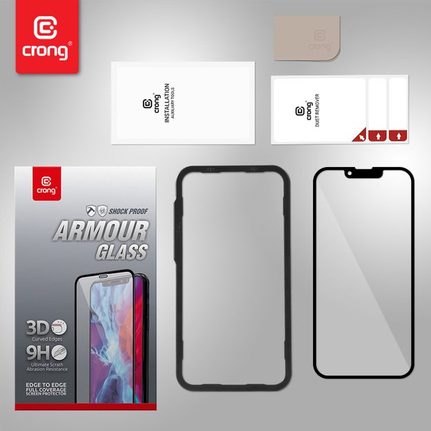 Crong Anti-Bacterial 3D Armor Glass – 9H grūdintas stiklas visam iPhone 13 mini + montavimo rėmelio ekranui