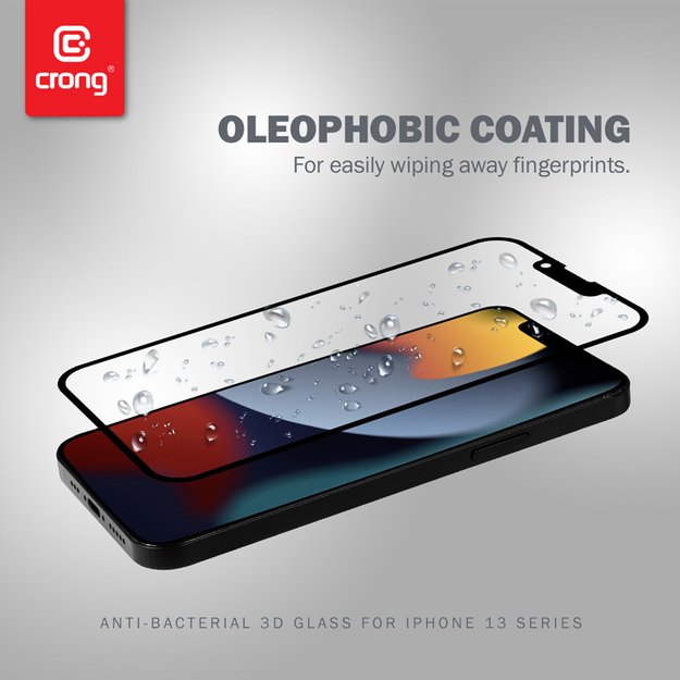 Crong Anti-Bacterial 3D Armor Glass – 9H grūdintas stiklas visam iPhone 13 mini + montavimo rėmelio ekranui 15