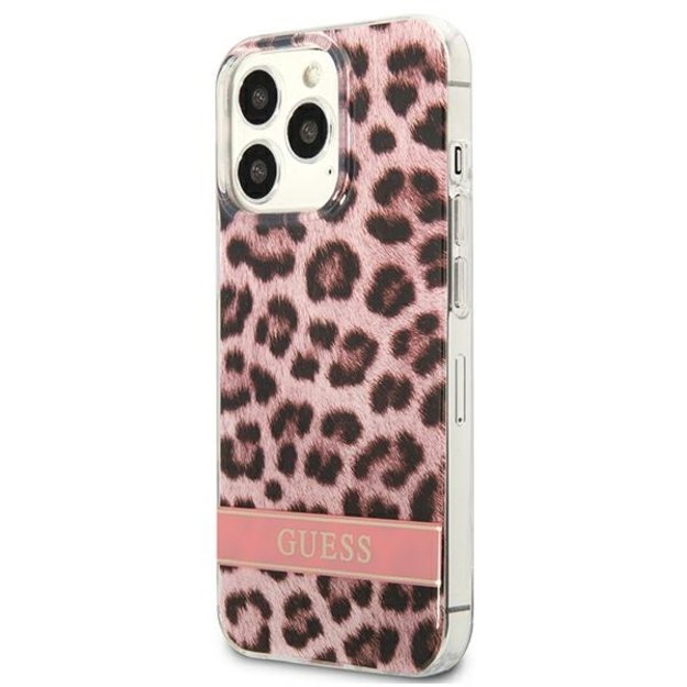 Guess Leopard Electro Stripe – dangtelis, skirtas iPhone 13 Pro (rožinis)