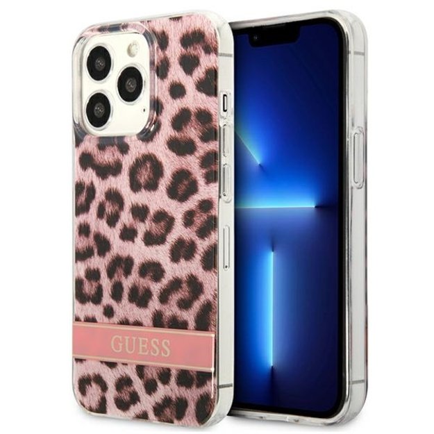 Guess Leopard Electro Stripe – dangtelis, skirtas iPhone 13 Pro (rožinis)