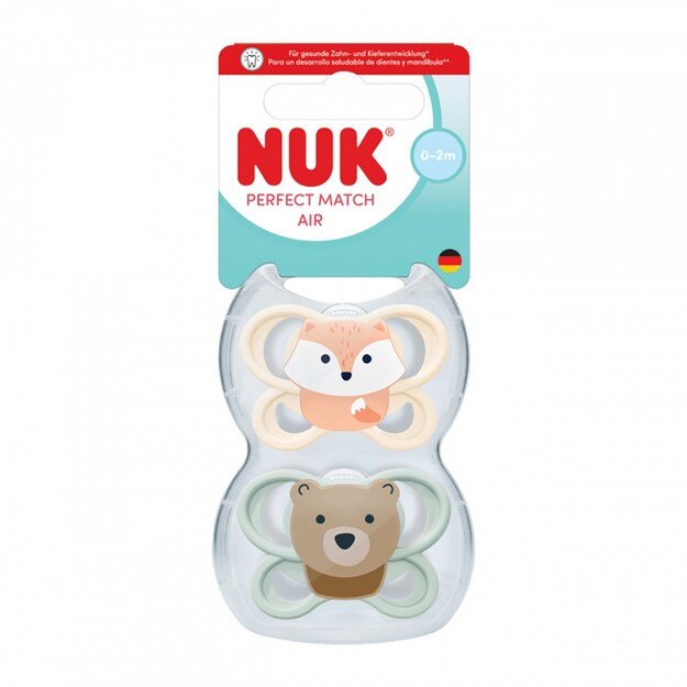 NUK MommyFeel Soother Perfect Match Air FOX/BEAR 0-2m 2pc box, 0-2 m 3