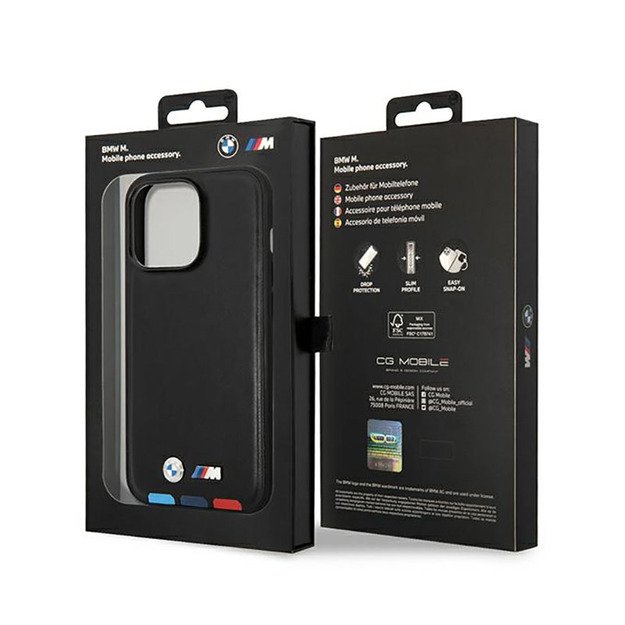 BMW Leather Hot Stamp Tricolor MagSafe – dėklas, skirtas iPhone 14 Pro (juodas)