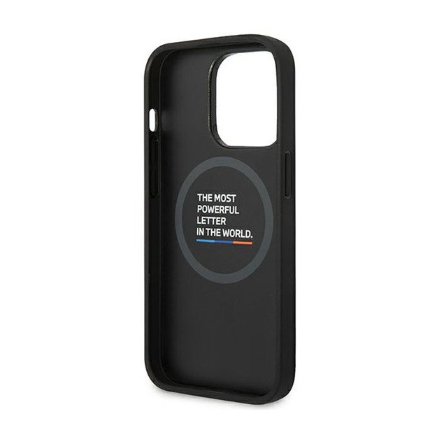 BMW Leather Hot Stamp Tricolor MagSafe – dėklas, skirtas iPhone 14 Pro (juodas)
