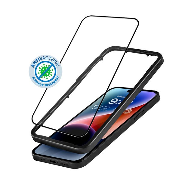 Crong Anti-Bacterial 3D Armor Glass – 9H grūdintas stiklas visam iPhone 14 Pro + montavimo rėmelio ekranui