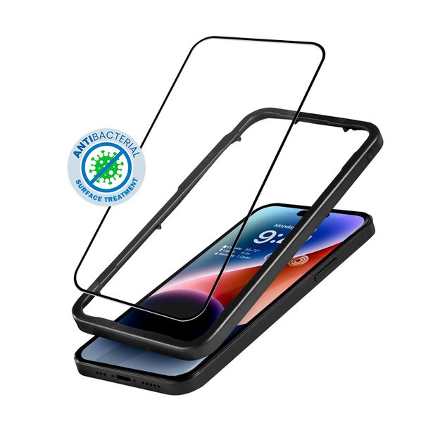 Crong Anti-Bacterial 3D Armor Glass – 9H grūdintas stiklas visam iPhone 14 Pro + montavimo rėmelio ekranui 1