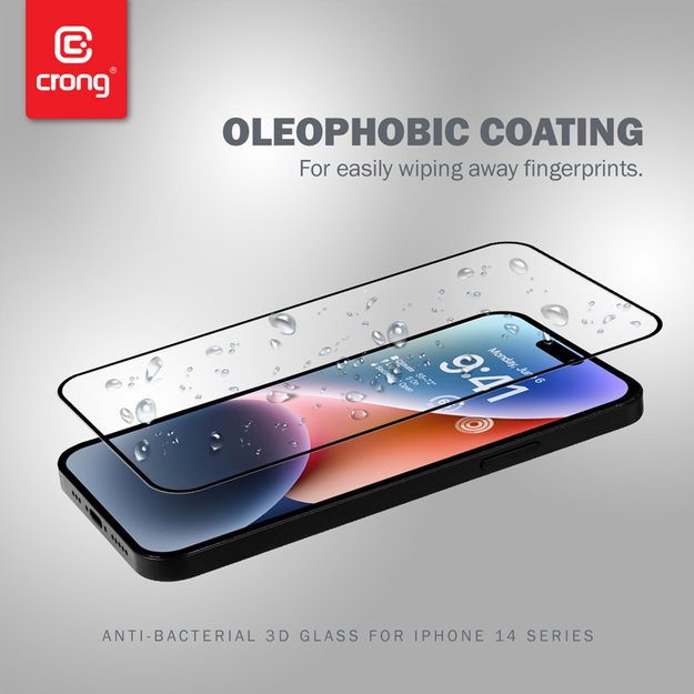 Crong Anti-Bacterial 3D Armor Glass – 9H grūdintas stiklas visam iPhone 14 Pro + montavimo rėmelio ekranui