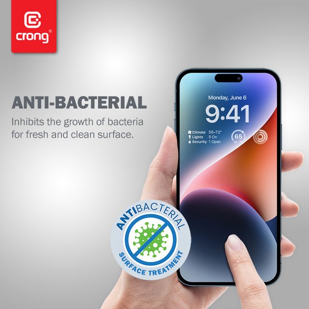 Crong Anti-Bacterial 3D Armor Glass – 9H grūdintas stiklas visam iPhone 14 Pro + montavimo rėmelio ekranui