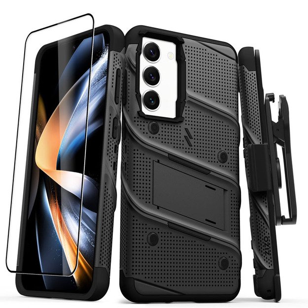 ZIZO BOLT serija - Šarvuotas Samsung Galaxy S23+ dėklas su 9H stiklu ekranui + laikiklis su stovu (juodas)