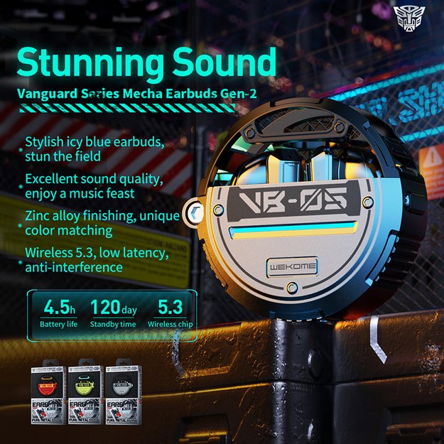 WEKOME VB05 Vanguard serija – Bluetooth V5.3 TWS belaidės ausinės su įkrovimo dėklu (žalia) 3