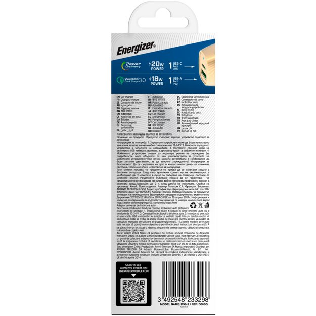 Energizer Ultimate – USB-C ir USB-A 38W PD + QC3.0 automobilinis įkroviklis (auksinis / juodas) 14