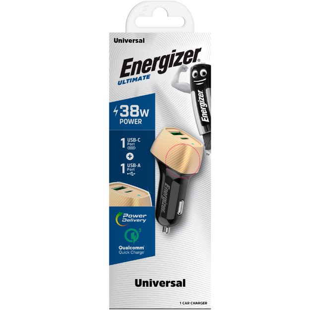 Energizer Ultimate – USB-C ir USB-A 38W PD + QC3.0 automobilinis įkroviklis (auksinis / juodas)