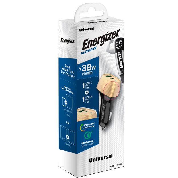 Energizer Ultimate – USB-C ir USB-A 38W PD + QC3.0 automobilinis įkroviklis (auksinis / juodas)