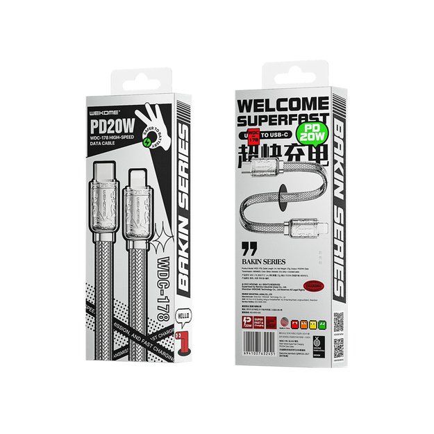 WEKOME WDC-178 Bakin serija – USB-C prie žaibo greito įkrovimo PD jungties laidas 20W greitas įkrovimas 1 m (sidabro spalvos) 9