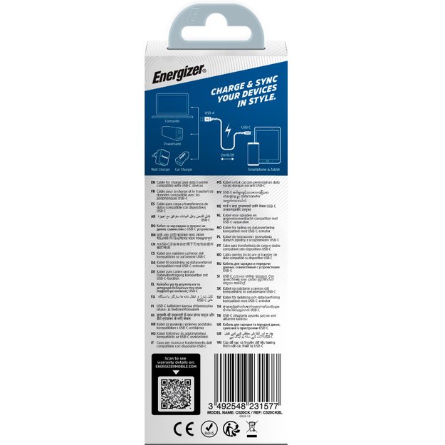 Energizer Ultimate – USB-A į USB-C jungiamasis laidas 2 m (mėlynas)