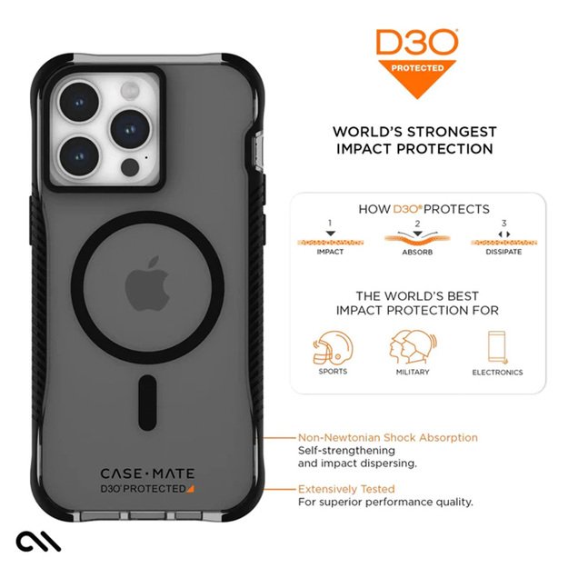 Case-Mate Tough Grip Plus D3O MagSafe – dėklas, skirtas iPhone 15 Pro Max (dūminis / juodas)