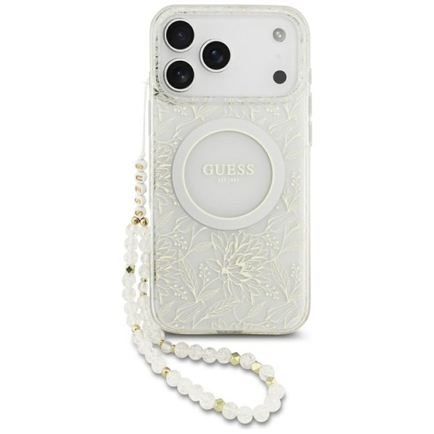 Guess IML Flowers Electro Pearl Strap MagSafe - Case iPhone 17 Pro Max (white)