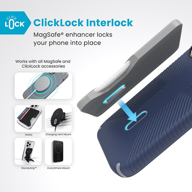 Speck Presidio2 Grip ClickLock & MagSafe – dėklas, skirtas iPhone 16 Pro (pakrantės mėlyna / dulkių pilka / balta) 15