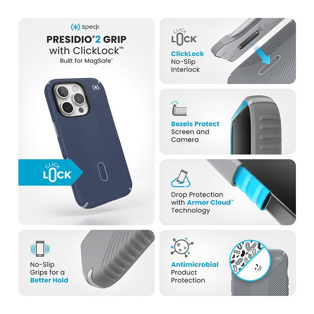 Speck Presidio2 Grip ClickLock & MagSafe – dėklas, skirtas iPhone 16 Pro (pakrantės mėlyna / dulkių pilka / balta) 17
