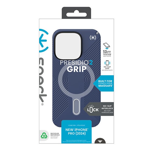 Speck Presidio2 Grip ClickLock & MagSafe – dėklas, skirtas iPhone 16 Pro (pakrantės mėlyna / dulkių pilka / balta)