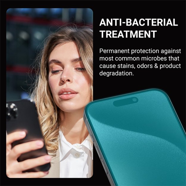 Crong Anti-Bacterial 3D Armor Glass – grūdintas stiklas 9H visam ekranui iPhone 16 Pro + montavimo rėmelis