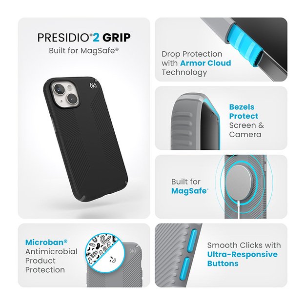 Speck Presidio2 Grip Magsafe – dėklas, skirtas iPhone 15 / iPhone 14 / iPhone 13 (juodas / šiferio pilkas / baltas)