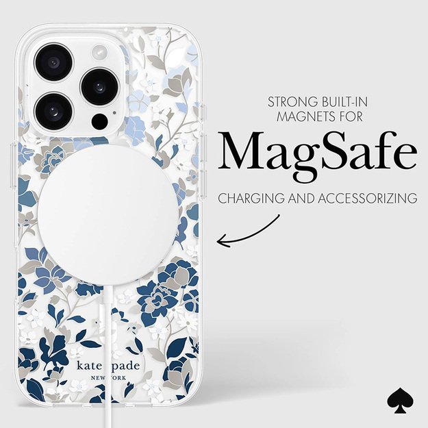 Kate Spade Niujorko apsauginiai brangakmeniai MagSafe – dėklas, skirtas iPhone 16 Pro (mėlyna gėlių lova)