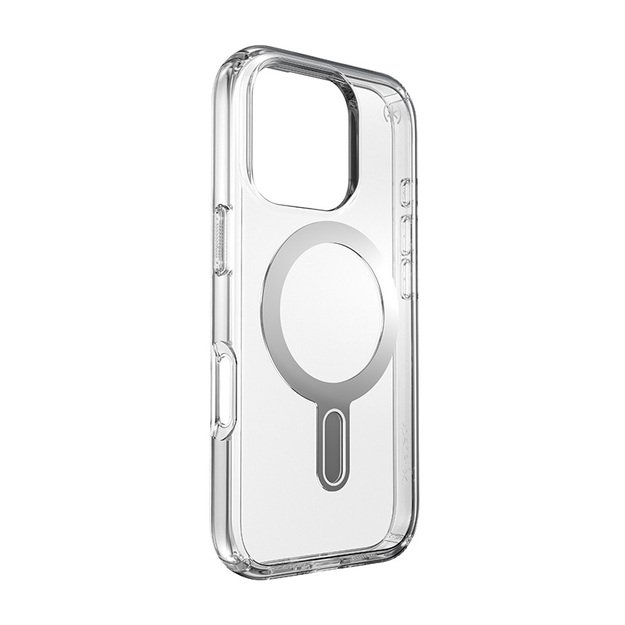 Speck Presidio Perfect-Clear ClickLock & MagSafe – dėklas, skirtas iPhone 16 Pro (skaidrus / chromo apdaila / ramus sidabras)