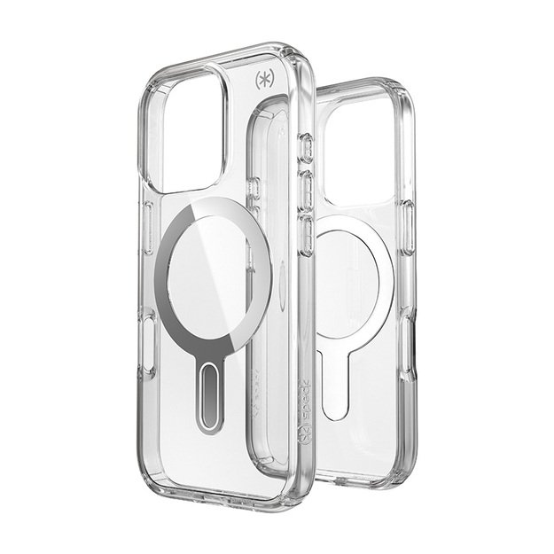 Speck Presidio Perfect-Clear ClickLock & MagSafe – dėklas, skirtas iPhone 16 Pro (skaidrus / chromo apdaila / ramus sidabras)