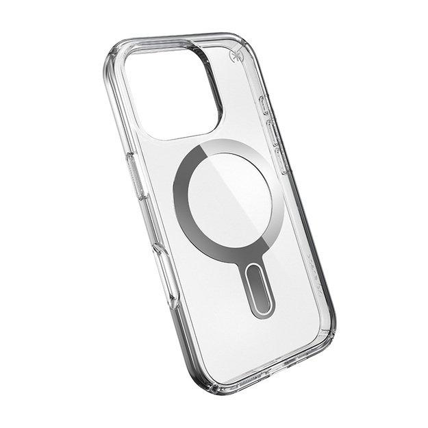 Speck Presidio Perfect-Clear ClickLock & MagSafe – dėklas, skirtas iPhone 16 Pro (skaidrus / chromo apdaila / ramus sidabras)