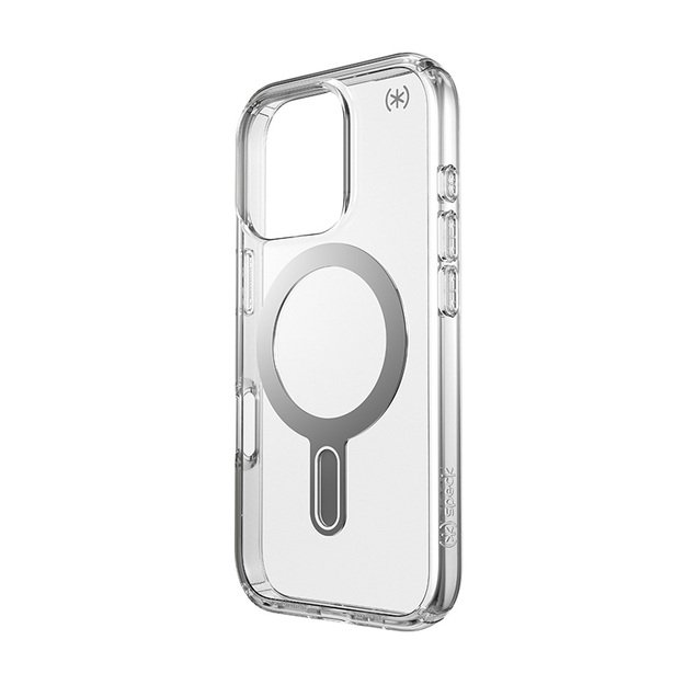 Speck Presidio Perfect-Clear ClickLock & MagSafe – dėklas, skirtas iPhone 16 Pro (skaidrus / chromo apdaila / ramus sidabras)