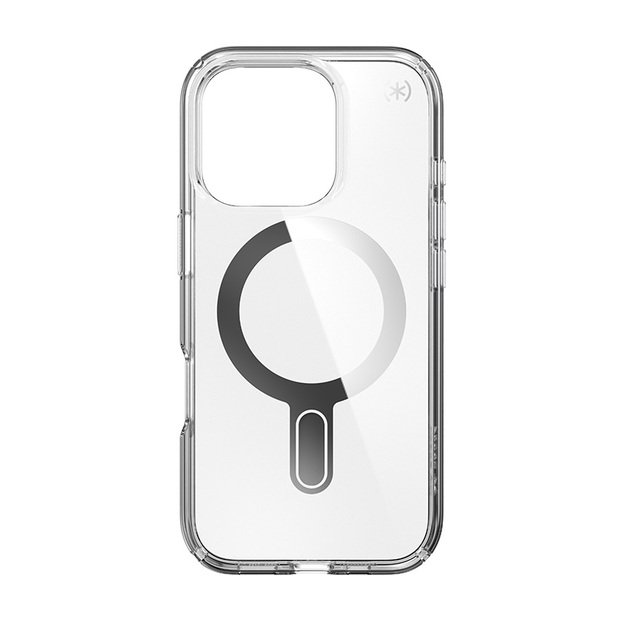 Speck Presidio Perfect-Clear ClickLock & MagSafe – dėklas, skirtas iPhone 16 Pro (skaidrus / chromo apdaila / ramus sidabras)