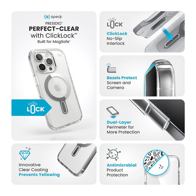 Speck Presidio Perfect-Clear ClickLock & MagSafe – dėklas, skirtas iPhone 16 Pro (skaidrus / chromo apdaila / ramus sidabras)