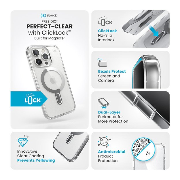 Speck Presidio Perfect-Clear ClickLock & MagSafe – dėklas, skirtas iPhone 16 Pro (skaidrus / chromo apdaila / ramus sidabras) 3