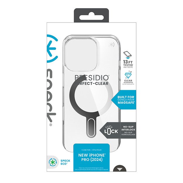 Speck Presidio Perfect-Clear ClickLock & MagSafe – dėklas, skirtas iPhone 16 Pro (skaidrus / chromo apdaila / ramus sidabras) 14