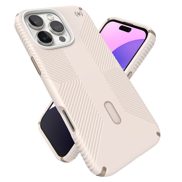„Speck Presidio2 Grip ClickLock & MagSafe“ – dėklas, skirtas „iPhone 16 Pro Max“ (balintas kaulas / „Heirloom Gold“ / „Hazel Brown“)