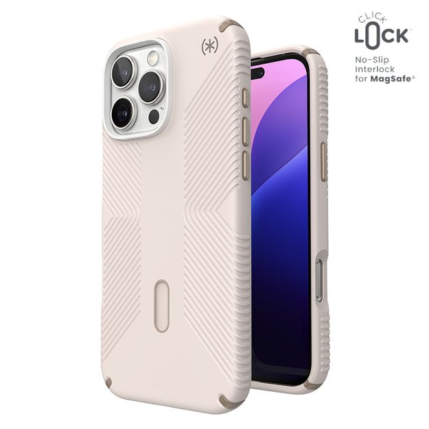 „Speck Presidio2 Grip ClickLock & MagSafe“ – dėklas, skirtas „iPhone 16 Pro Max“ (balintas kaulas / „Heirloom Gold“ / „Hazel Brown“)