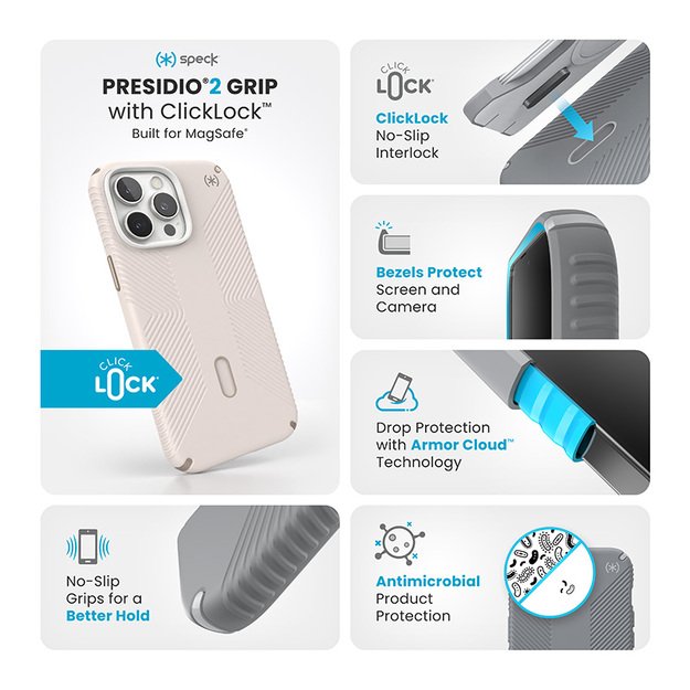 „Speck Presidio2 Grip ClickLock & MagSafe“ – dėklas, skirtas „iPhone 16 Pro Max“ (balintas kaulas / „Heirloom Gold“ / „Hazel Brown“)
