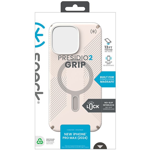 „Speck Presidio2 Grip ClickLock & MagSafe“ – dėklas, skirtas „iPhone 16 Pro Max“ (balintas kaulas / „Heirloom Gold“ / „Hazel Brown“)