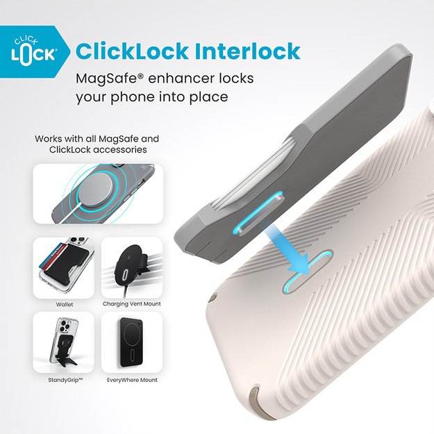 „Speck Presidio2 Grip ClickLock & MagSafe“ – dėklas, skirtas „iPhone 16 Pro Max“ (balintas kaulas / „Heirloom Gold“ / „Hazel Brown“)