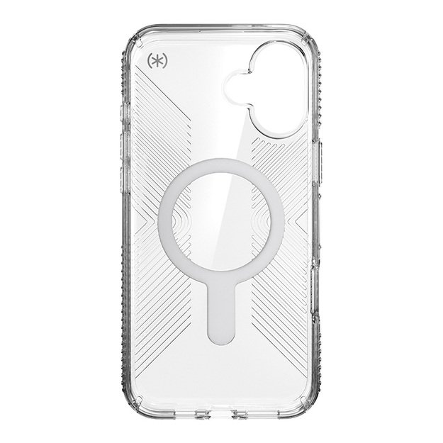 Speck Presidio Perfect-Clear Grip ClickLock & MagSafe – dėklas, skirtas iPhone 16 Plus (skaidrus / chromo apdaila / ramus sidabras)