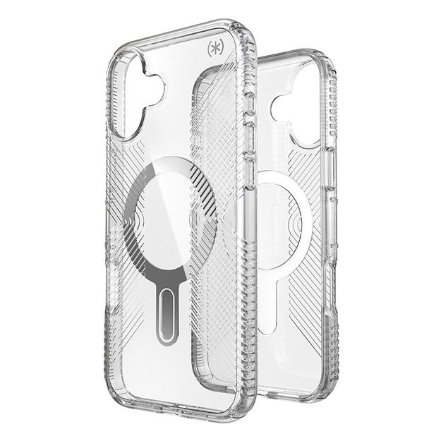 Speck Presidio Perfect-Clear Grip ClickLock & MagSafe – dėklas, skirtas iPhone 16 Plus (skaidrus / chromo apdaila / ramus sidabras)