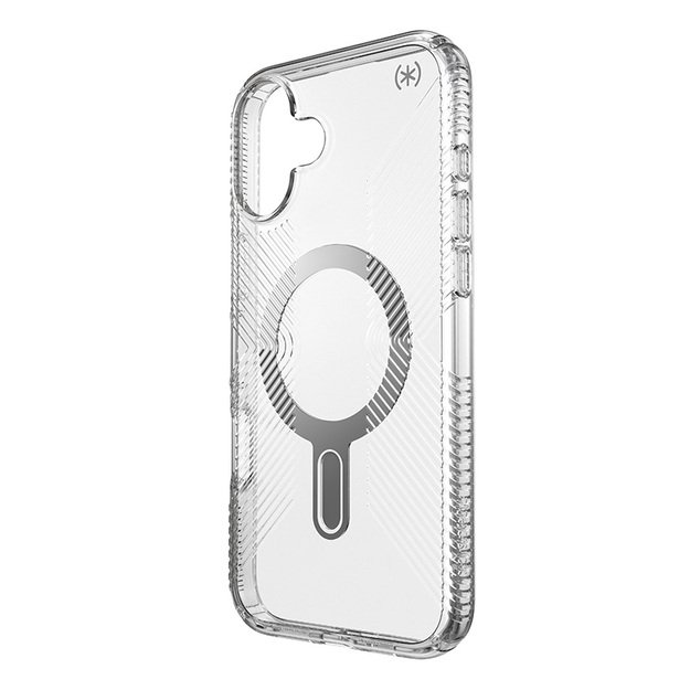 Speck Presidio Perfect-Clear Grip ClickLock & MagSafe – dėklas, skirtas iPhone 16 Plus (skaidrus / chromo apdaila / ramus sidabras)