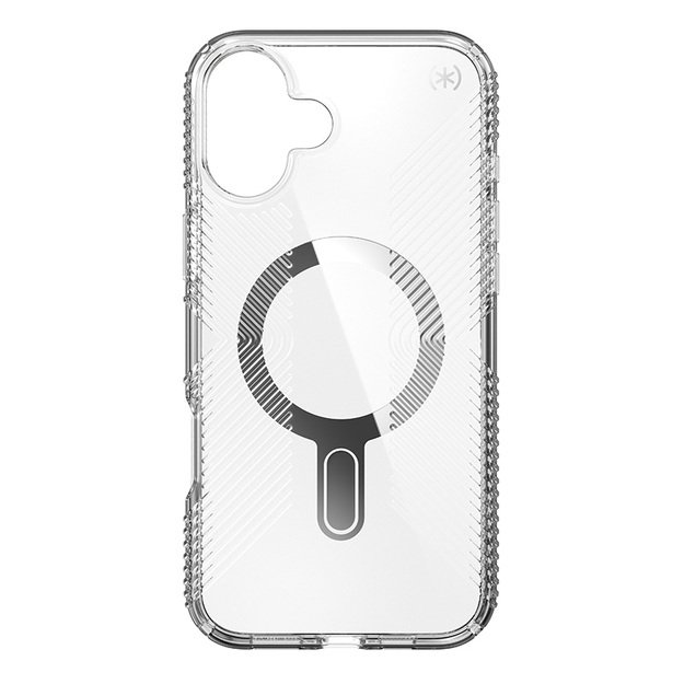 Speck Presidio Perfect-Clear Grip ClickLock & MagSafe – dėklas, skirtas iPhone 16 Plus (skaidrus / chromo apdaila / ramus sidabras)