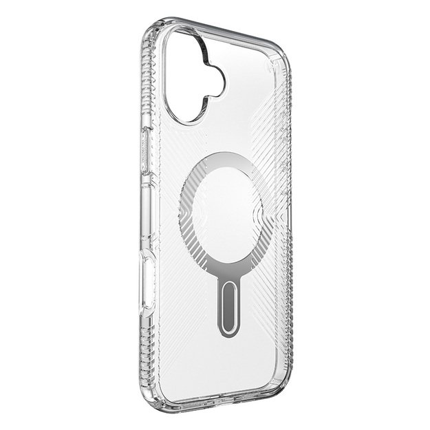 Speck Presidio Perfect-Clear Grip ClickLock & MagSafe – dėklas, skirtas iPhone 16 Plus (skaidrus / chromo apdaila / ramus sidabras)