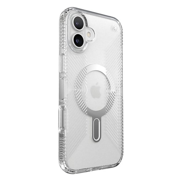 Speck Presidio Perfect-Clear Grip ClickLock & MagSafe – dėklas, skirtas iPhone 16 Plus (skaidrus / chromo apdaila / ramus sidabras)